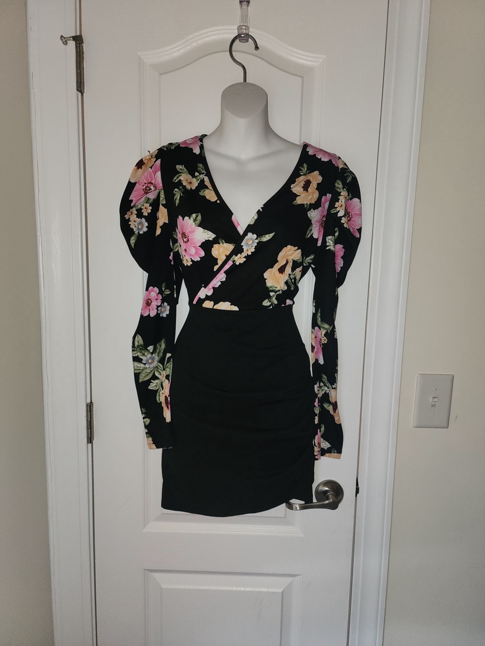 Floral Wrap Long-Sleeve Mini Dress - Black with Pink & Yellow Flowers